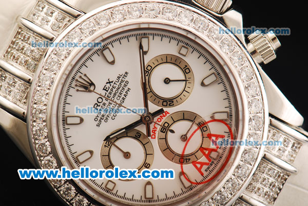 Rolex Daytona Chronograph Miyota Quartz Movement Diamond Bezel with White Dial and White Leather Strap - Click Image to Close